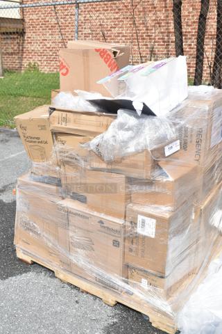 26 brand new scratch and dent items on a pallet, including scrap yard boxes, ingredient bins, and augers for meat grinders.