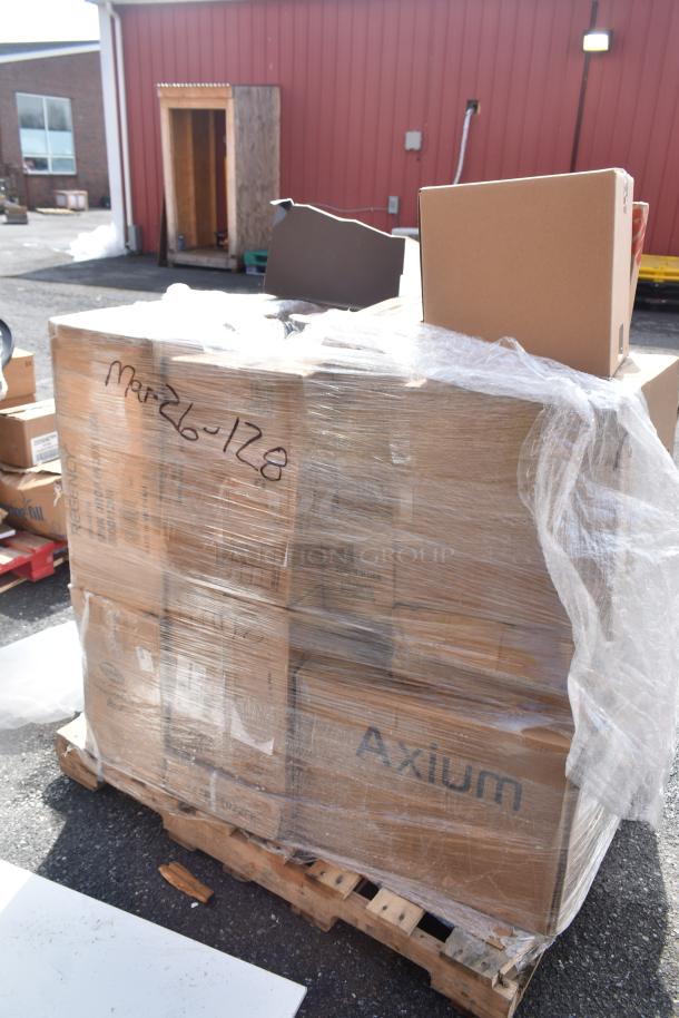 Pallet of 26 brand new scratch and dent items, including augers and bins, shrink-wrapped, marked "Mar26-128".