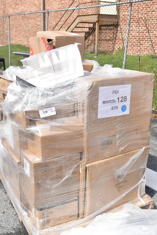 Pallet of 26 new scratch and dent items, wrapped in plastic, including scraper, wastebasket, meat grinder augers. Labels with codes MAR26-128 visible.