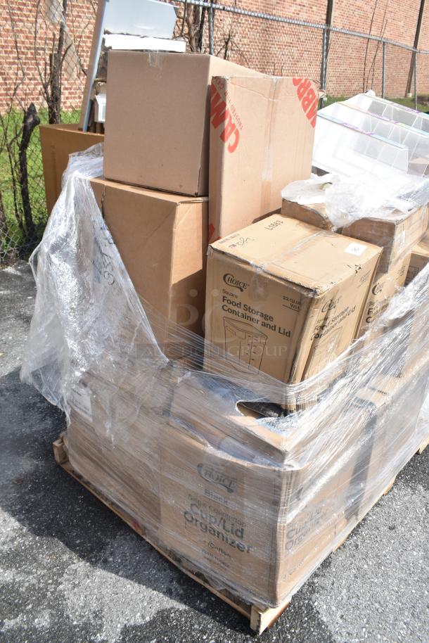 Pallet with 26 new scratch and dent items including Choice storage bins and augers. Items wrapped in plastic.