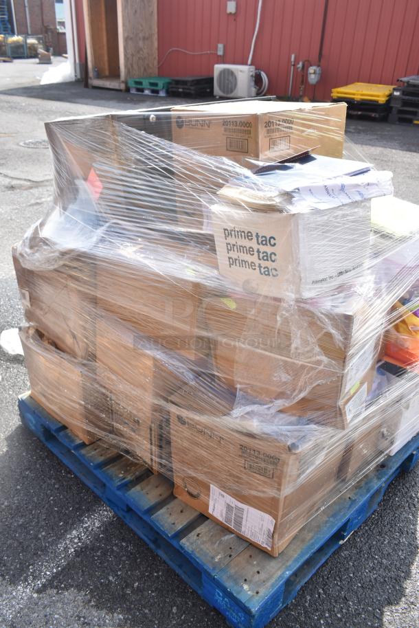 Palette of 20 shrink-wrapped boxes labeled "prime tac" and other brands, possibly containing filing cabinets, colored paper, Zebra label printers.