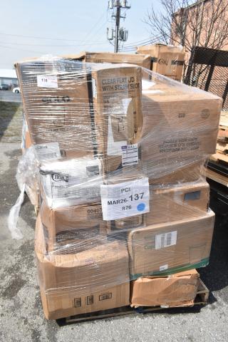 Pallet of 29 boxes, brand new scratch and dent items including lids, cups, napkins, and pouches. Labeled "MAR26-137."