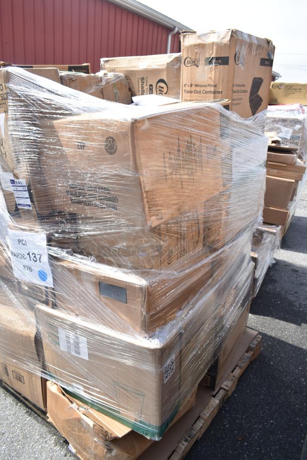 Plastic-wrapped pallet of 29 scratch and dent items: container lids, hot cups, napkins, vacuum pouches. Labeled MAR26-137.