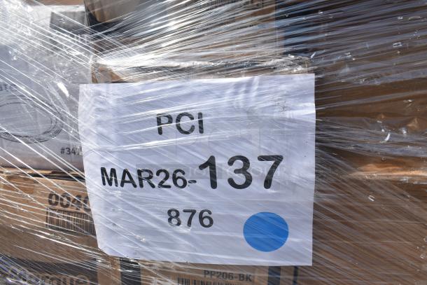 Shrink-wrapped pallet labeled "PCI MAR26-137" containing 29 scratch and dent items, including lids, cups, and pouches.