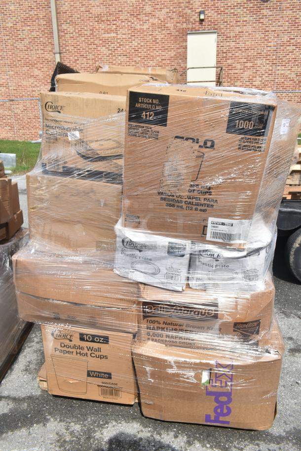 A pallet of assorted new "scratch and dent" items including Choice hot cups, plastic plates, and napkins in labeled boxes.