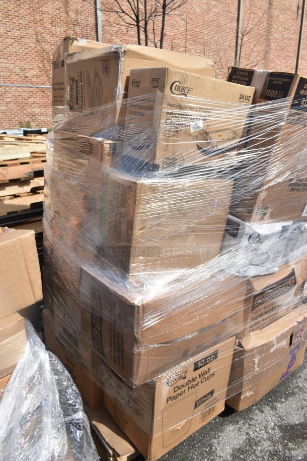 Stack of 29 brand new scratch and dent items including microwave containers, hot cups, and napkins, wrapped in plastic.