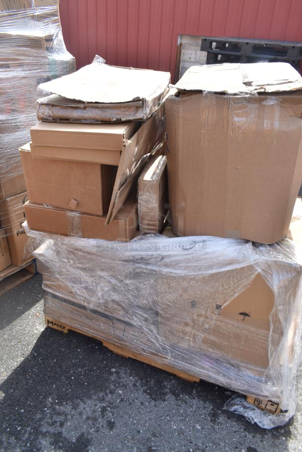 Palette of 31 brand new scratch and dent items in boxes, including ladles, plates, and more. Wrapped in plastic.