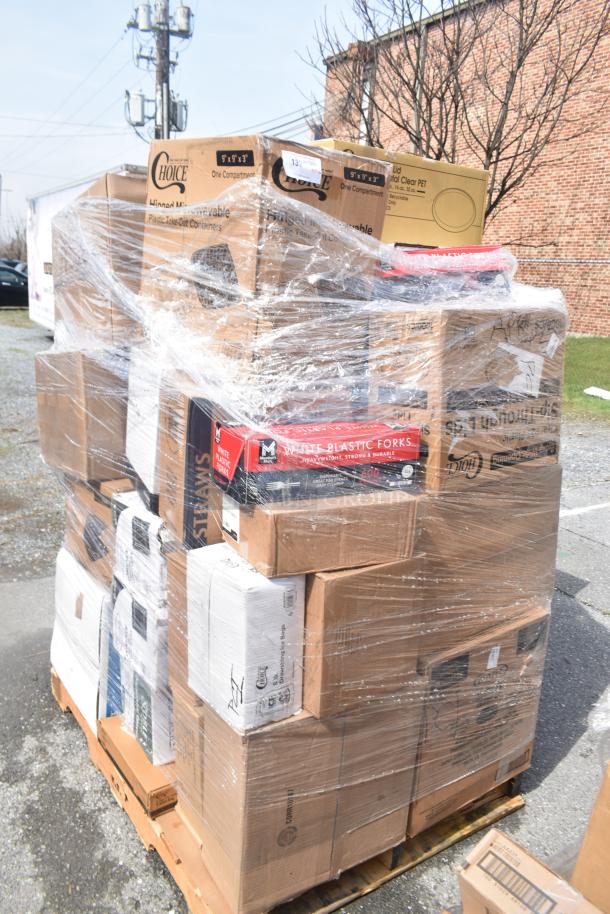 Pallet of 36 assorted boxes, including plates, meat trays, toilet paper, knives. Some scratch and dent items, wrapped in plastic.