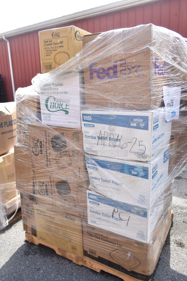 Pallet of boxed items including Choice deli lids, napkins, Lavex jumbo toilet paper, wrapped in plastic, marked APR26-25.
