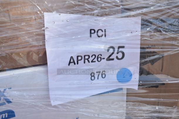Pallet of scratch and dent items including plates, trays, toilet paper, knives, wrapped in plastic with label "APR26-25".