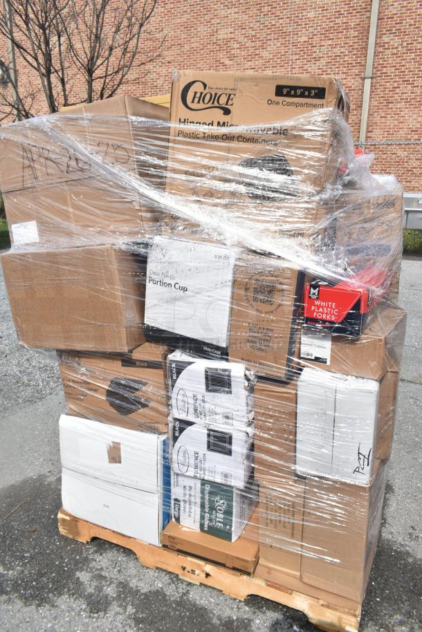Pallet with assorted boxed items including plates, meat trays, toilet paper rolls, and knives. Boxes shrink-wrapped for auction, marked "Choice" and "Noble."