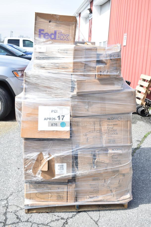 Pallet of 29 scratch and dent items, including burger press, spoons, sheet pans, and mop heads. Visible labels: FedEx, PCI APR26-17.