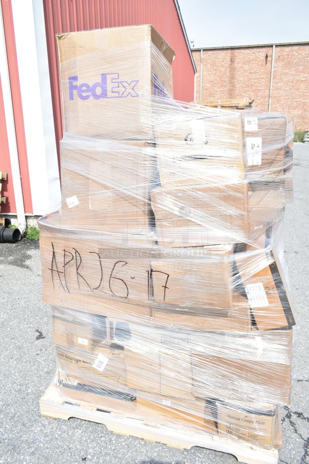 Pallet of 29 new scratch and dent items, including a burger press, spoons, sheet pans, and mop heads. Box marked "APR26-17."