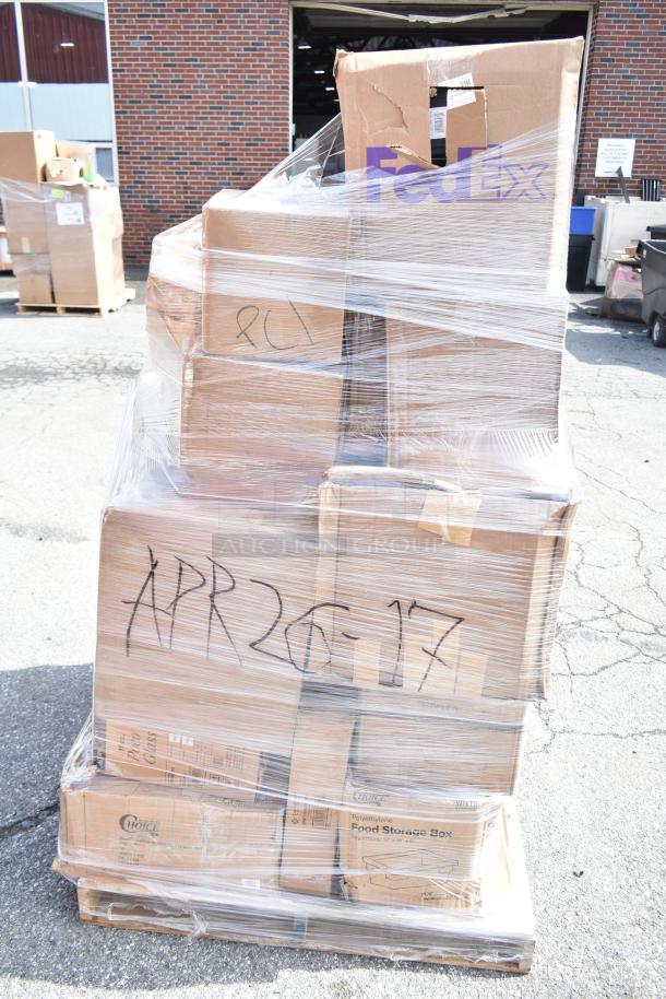 Pallet with 29 brand new scratch and dent items, including burger press and spoons, wrapped in plastic. Marked "APR26-17".
