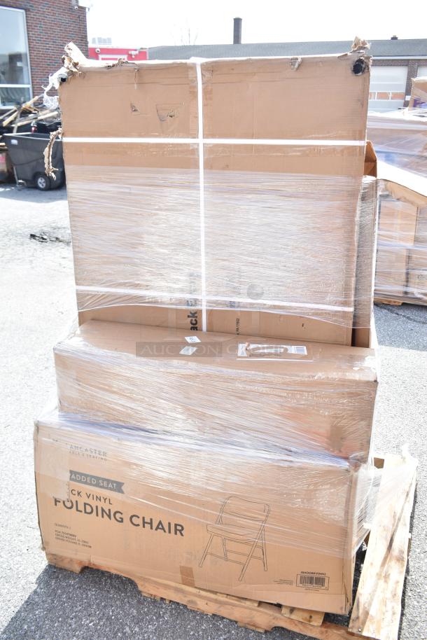 Stack of new, scratch and dent folding chairs in sealed boxes, visible label reads "Lancaster Black Vinyl Folding Chair".