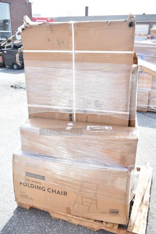 Stack of new, scratch and dent folding chairs in sealed boxes, visible label reads "Lancaster Black Vinyl Folding Chair".