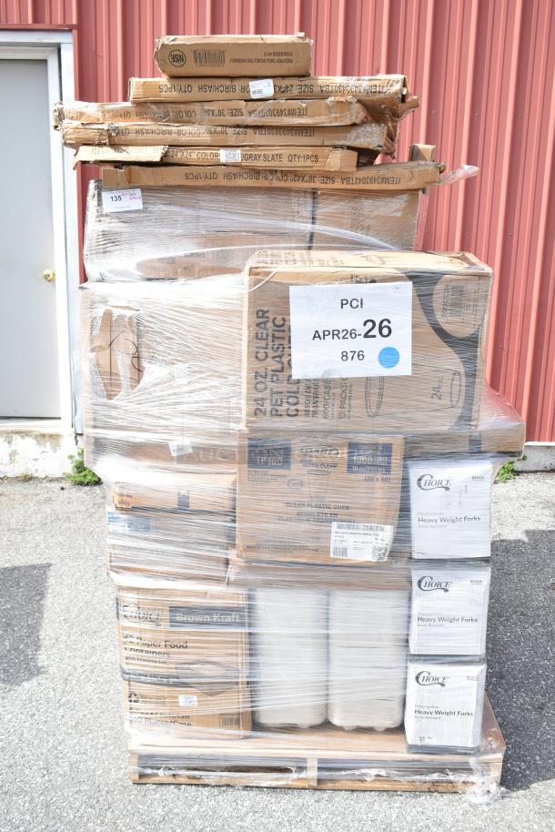 Plastic-wrapped pallet with various boxed items: tabletops, over shelves, forks, containers. Price tag labeled "APR26-26" noted.