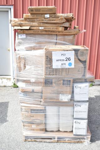 Plastic-wrapped pallet with various boxed items: tabletops, over shelves, forks, containers. Price tag labeled "APR26-26" noted.