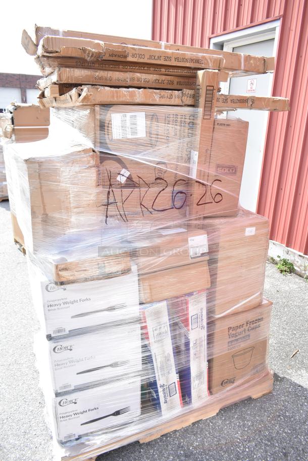 Pallet of 37 scratch and dent items including tabletops, over shelf, forks, and containers; various boxes wrapped in plastic.