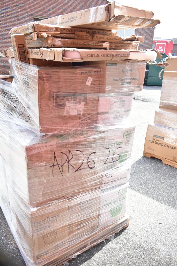 Sealed pallet with multiple boxes labeled "APR26-26." Includes tabletops, containers, forks. New scratch and dent items.