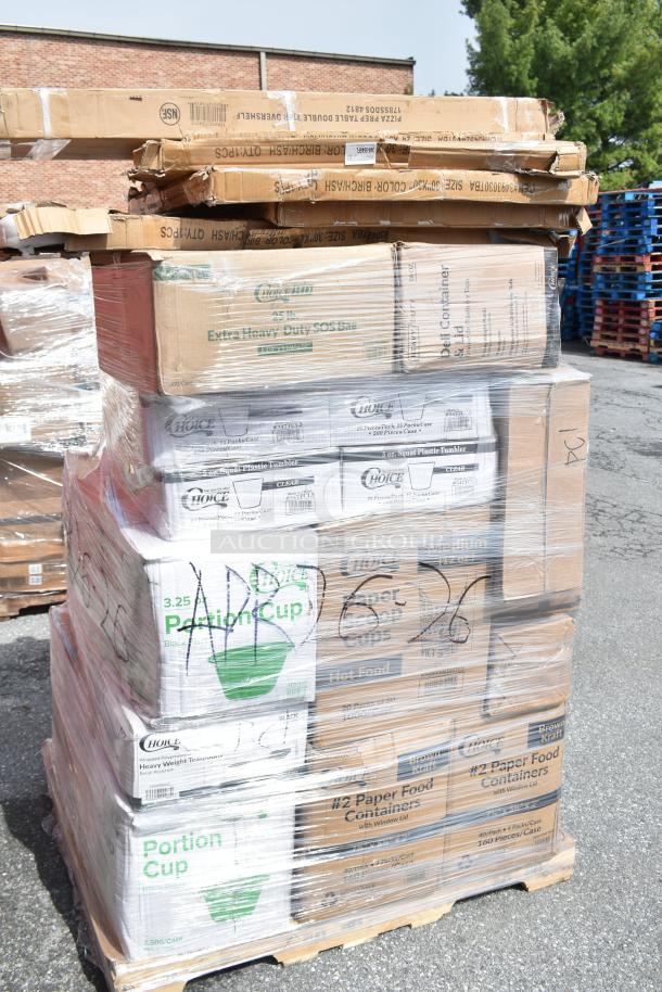 Stack of brand new scratch and dent items, including tabletops, containers, and forks. Visible labels indicate "Choice" brand.
