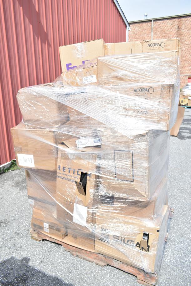 Shrink-wrapped pallet of assorted new scratch and dent items including dessert dishes and floor scrub brushes in various boxes.
