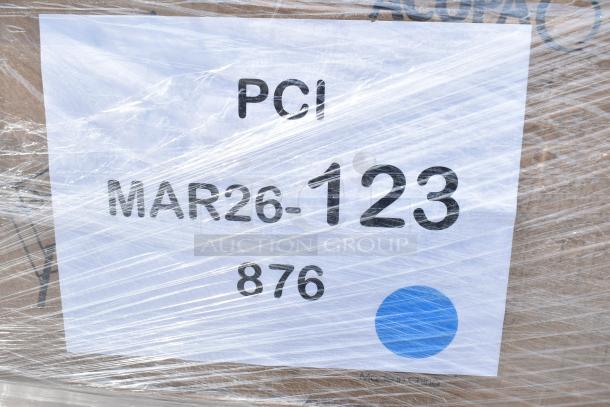 Transparent plastic-wrapped pallet with a label reading "PCI MAR26-123 876." Contains 34 new scratch and dent items.