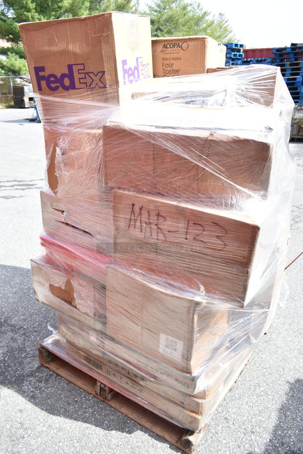 Pallet of 34 brand new scratch and dent items including dishes and trays. Box marked "MAR-123," some in FedEx, Acopa boxes.