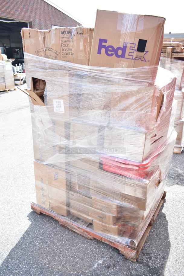Shrink-wrapped pallet with boxes labeled FedEx, Acopa, and more, containing 34 new scratch and dent items like dishes and trays.