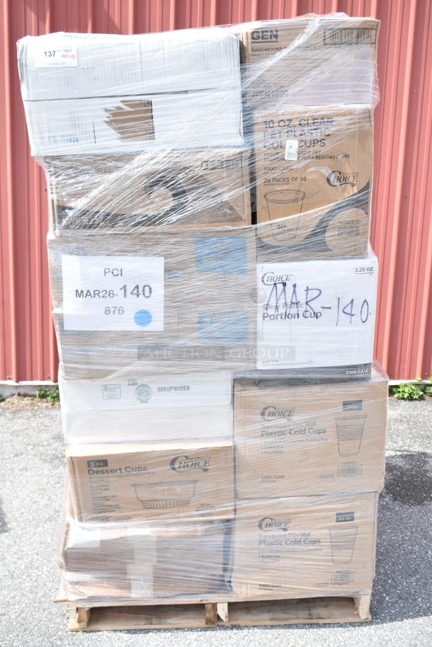 Pallet with 25 new items including wood logs, containers, cold cups, napkins. Labels: PCI MAR26-140, Choice brand.