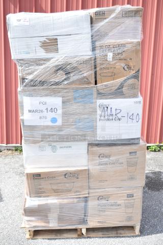 Pallet with 25 new items including wood logs, containers, cold cups, napkins. Labels: PCI MAR26-140, Choice brand.