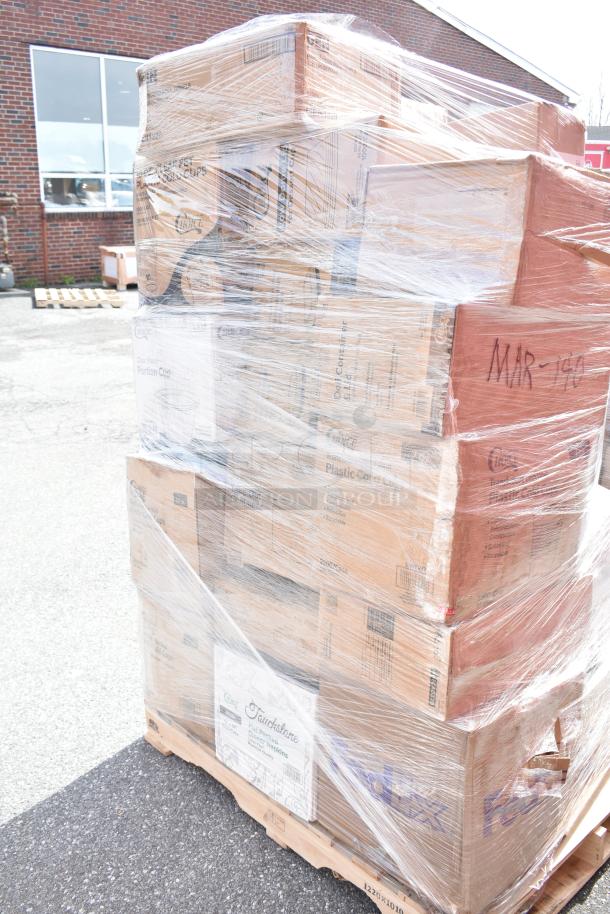 Pallet of 25 assorted scratch and dent items, including boxed wood logs, containers, and cups, wrapped in plastic.