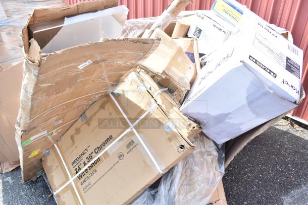 New scratch and dent items in damaged boxes, including souffle cups, stock pot, portion cups, food wrap, colander.