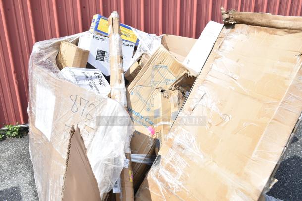 19 brand new scratch and dent items including boxes of souffle cups, stock pot, portion cups, and food wrap in bulk packaging.