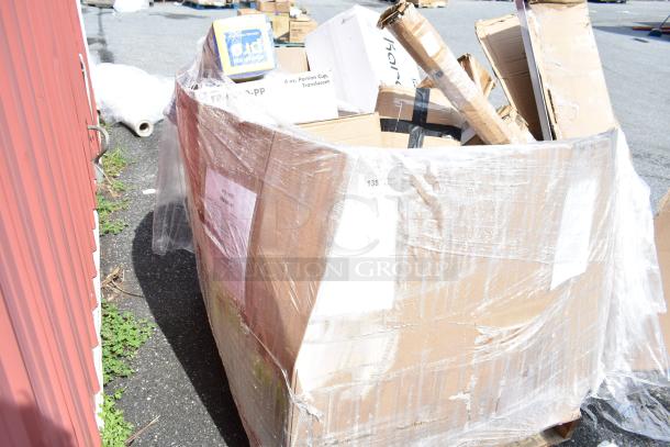Large wrapped pallet with various boxed items including souffle cups, stock pot, portion cups, and food wrap. Scratch and dent items.