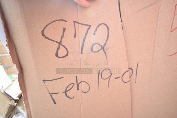 Cardboard box with handwritten markings "872 Feb 19-01," indicating auction lot of 19 brand new scratch and dent items.