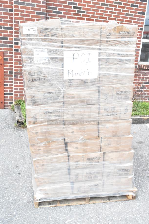 Pallet of 60 new Service Ideas ADISPWSTD 27 oz gel soap and hand sanitizer dispensers with floor stands, boxed and shrink-wrapped.