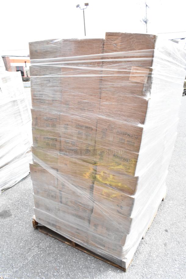 A pallet of 60 boxed Service Ideas ADISPWSTD 27 oz gel soap and sanitizer dispensers with floor stands, wrapped in plastic.