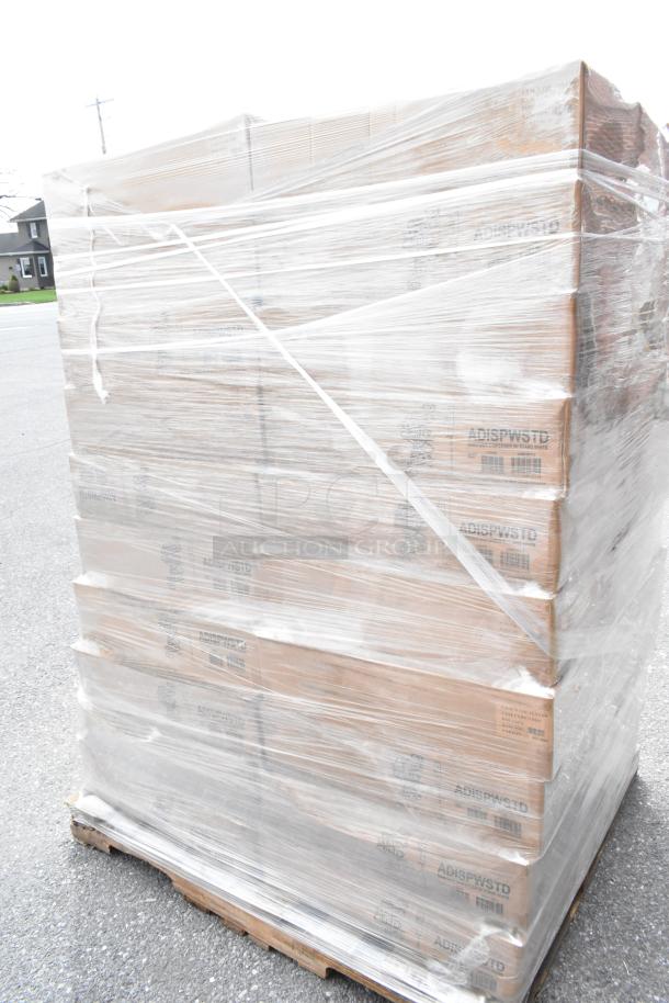 Pallet of 60 new boxed Service Ideas ADISPWSTD 27 oz soap dispensers with stands. Boxes labeled with model, wrapped in plastic.
