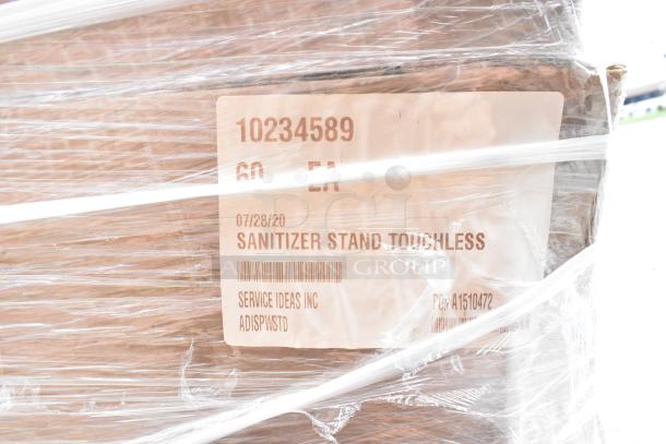 Packaged 60 new Service Ideas ADISPWSTD 27 oz gel soap sanitizer dispensers with floor stands, 53" high, white.