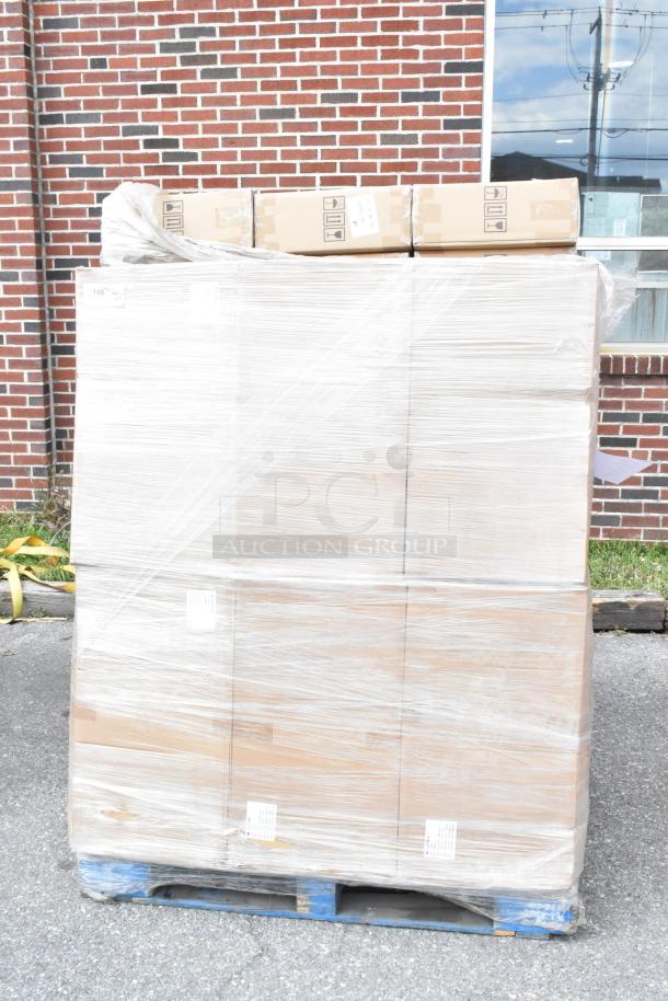 Pallet of 45 new Alpine ALP430-STAND-BLK sanitizer and soap dispenser stands in original boxes, wrapped for auction.