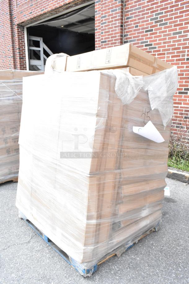 Large pallet of 45 boxed Alpine ALP430-STAND-BLK sanitizer stands, shrink-wrapped, marked "45."