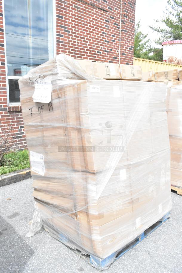 Pallet of 45 new Alpine ALP430-STAND-BLK sanitizer and soap dispenser stands in boxes, wrapped in plastic.