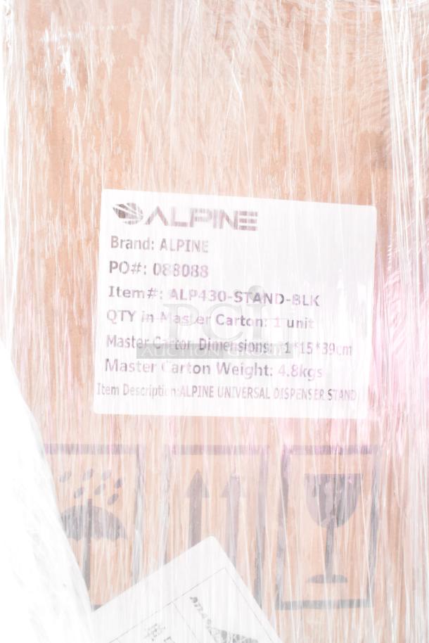 Brand new Alpine ALP430-STAND-BLK sanitizer and soap dispenser stand, in box. Dimensions: 71x15x39cm, 4.8kg.
