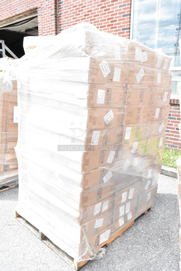 Pallet with 45 new-in-box Alpine ALP430-STAND-BLK sanitizer stands, shrink-wrapped with visible product labels.