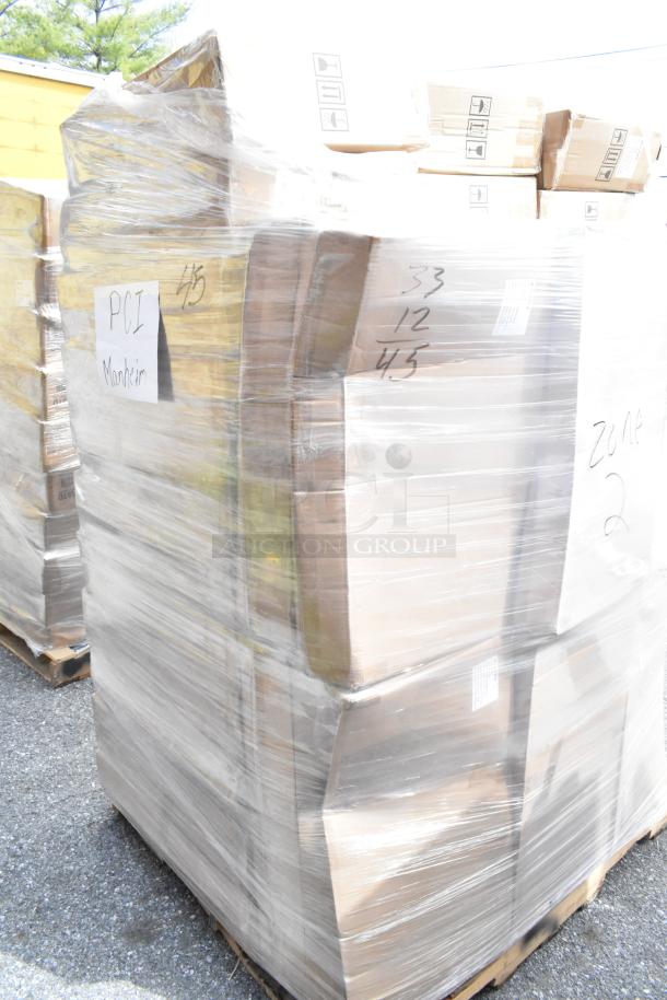 Pallet of 45 brand new boxed Alpine ALP430-STAND-BLK universal sanitizer and soap dispenser stands, ready for auction.