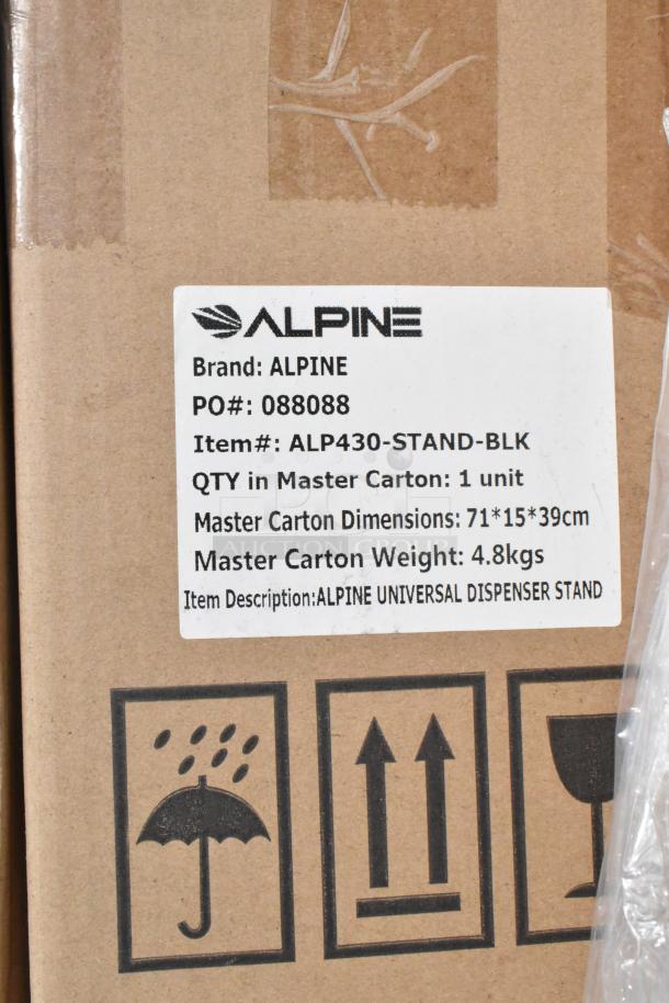 Cardboard box of Alpine ALP430-STAND-BLK Universal Sanitizer and Soap Dispenser Stand, new, dimensions 71x15x39cm, weight 4.8kg.