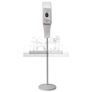 Brand new white Service Ideas ADISPWSTD 27 oz gel soap and hand sanitizer dispenser with 53" floor stand.