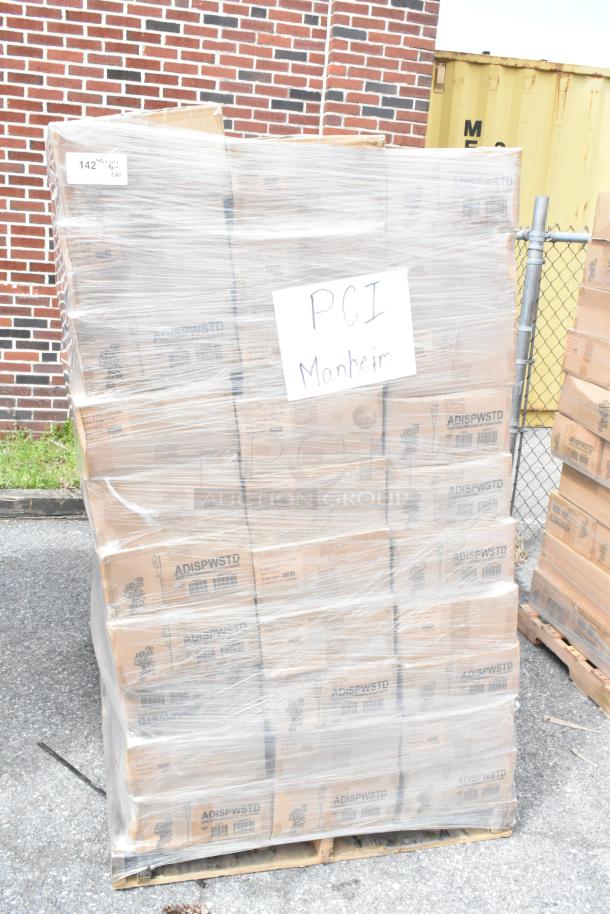 Pallet of 60 new Service Ideas ADISPWSTD 27 oz dispensers with floor stands, in sealed boxes. Marked "PCI Manheim."