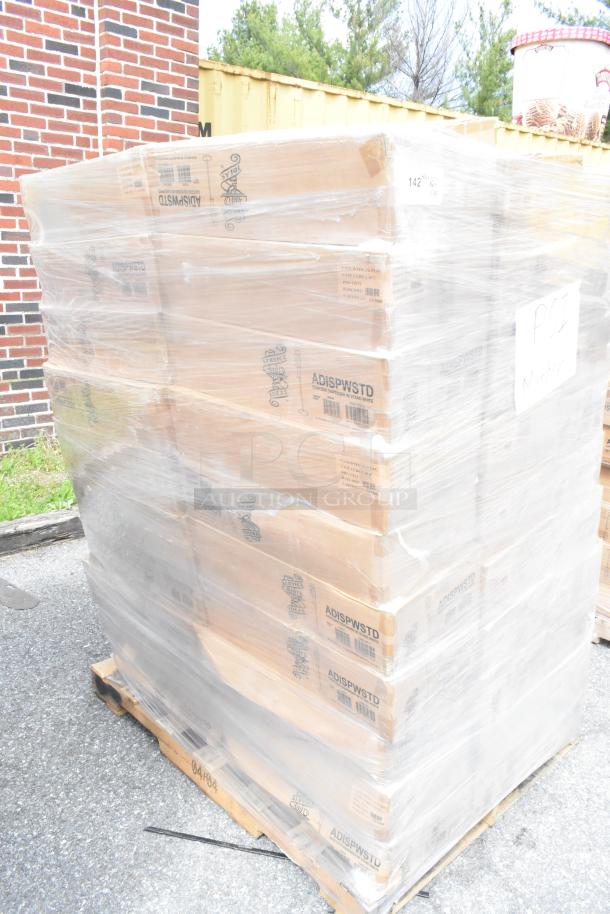 Pallet of 60 new Service Ideas ADISPWSTD 27 oz gel soap dispensers with floor stands in boxes, wrapped in plastic.